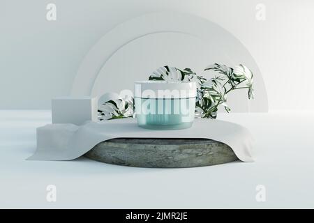 Loft-Stil Podium Modell und Präsentation kosmetische Glas Modell, 3D Illustration Rendering Stockfoto