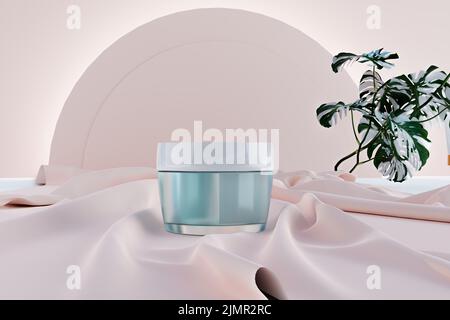 Produktmodell-Präsentation auf rosa Tuch, 3D Illustration Rendering Stockfoto