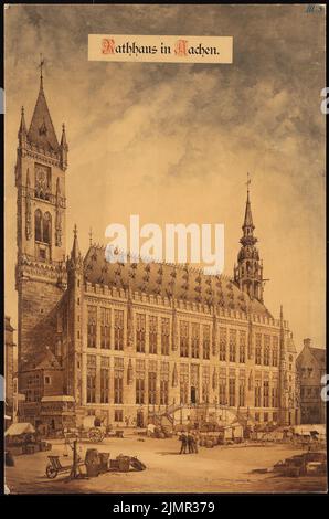 Schmitz & Franke, Rathaus Aachen. Rekonstruktion der Rathaustürme (ohne Dat.): Perspektivische Ansicht des Rathauses, Vorderansicht. Tusche Aquarell auf Papier, 95,7 x 63,4 cm (inklusive Scankanten) Schmitz & Franke : Rathaus, Aachen. Wiederaufbau der Rathaustürme Stockfoto