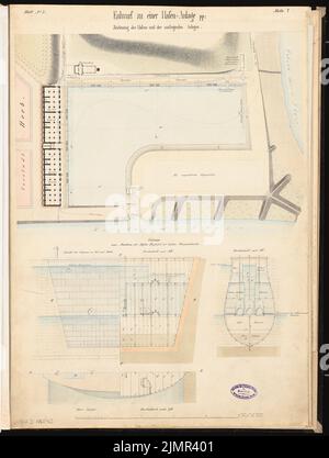 Dreling Franz, Bahnhof mit Flusshafen. Schinkel-Wettbewerb 1860 (1860): Lageplan des Hafens; Schnitte durch die bewegliche Hafenschleuse (Caisson); Streifen im Maßstab 2. Tusche Aquarell auf der Schachtel, 65,8 x 49,8 cm (inklusive Scan-Kanten) Dreling Franz : Bahnhof mit Flusshafen. Schinkelwettbewerb 1860 Stockfoto