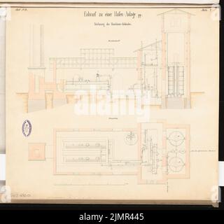 Dreling Franz, Bahnhof mit Flusshafen. Schinkel-Wettbewerb 1860 (1860): Bau für die Dampfmaschine im Grundriß, Längsschnitt; Maßstabsbalken. Tusche Aquarell auf der Schachtel, 49,5 x 52,8 cm (inklusive Scan-Kanten) Dreling Franz : Bahnhof mit Flusshafen. Schinkelwettbewerb 1860 Stockfoto