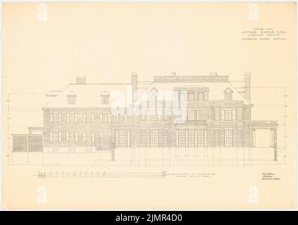 Longfellow Alexander Wadsworth (1854-1934), Lindenhof Land Sitz in Warnsdorf bei Travemünde (08,1909): Blick in den Garten Seite 1:50, Maßstabsbalken, Abmessung. Leichter Bruch auf Karton, 71,7 x 101 cm (inklusive Scankanten) Longfellow Alexander Wadsworth (1854-1934): Landsitz Lindenhof, Warnsdorf Stockfoto