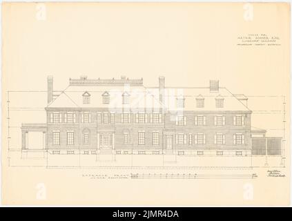 Longfellow Alexander Wadsworth (1854-1934), Lindenhof Land Sitz in Warnsdorf bei Travemünde (08,1909): Ansicht der Eingangsseite 1:50, Maßstab Bar. Lichtbruch auf der Schachtel, 71,7 x 101,1 cm (inklusive Scankanten) Longfellow Alexander Wadsworth (1854-1934): Landsitz Lindenhof, Warnsdorf Stockfoto