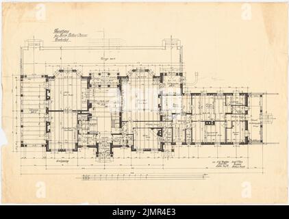 Longfellow Alexander Wadsworth (1854-1934), Lindenhof Land Sitz in Warnsdorf bei Travemünde (08,1909): Grundriß des Erdgeschosses mit Balkenposition und Raumnamen, Maßstabsbalken. Bleistift, Farbstift über einem Bruch auf der Schachtel, 71,6 x 100,8 cm (inklusive Scankanten) Longfellow Alexander Wadsworth (1854-1934): Landsitz Lindenhof, Warnsdorf Stockfoto