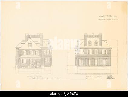 Longfellow Alexander Wadsworth (1854-1934), Lindenhof-Land-Sitz in Warnsdorf bei Travemünde (08,1909): 2 Seitenansichten des Hauses 1:50, Maßstabsbalken, Abmessung. Leichter Bruch auf Karton, 71,6 x 101 cm (inklusive Scankanten) Longfellow Alexander Wadsworth (1854-1934): Landsitz Lindenhof, Warnsdorf Stockfoto