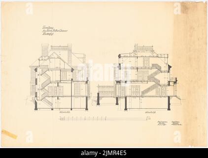 Longfellow Alexander Wadsworth (1854-1934), Lindenhof-Land-Sitz in Warnsdorf bei Travemünde (08,1909): 2 Querschnitte des Hauses 1:50, Maßstabsbalken. Leichter Bruch auf Karton, 71,8 x 100,9 cm (inklusive Scankanten) Longfellow Alexander Wadsworth (1854-1934): Landsitz Lindenhof, Warnsdorf Stockfoto