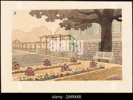 Barth Erwin (1880-1933), Hausgarten Klingner in Bergisch-Gladbach (1907): Perspektivansicht mit Blick auf einen Gartenbereich mit Gemüsebeeten, Wand, Pergola und Sitz (Ost). Tusche Aquarell auf der Schachtel, 20,5 x 29,1 cm (inklusive Scankanten) Barth Erwin (1880-1933): HAUSGARTEN Klingner, Bergisch Gladbach Stockfoto