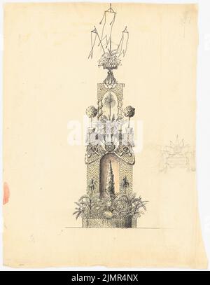 Reise Julius (1857-1907), Straßendekoration in Hannover (1903): Ansicht eines Schmuckstabs für die Straßeneinfahrt, 2 Nebenskizzen. Bleistift, Farbstift und Tusche auf Transparent, 53,5 x 41,5 cm (inklusive Scankanten) Trip Julius (1857-1907): Straßendekorationen, Hannover Stockfoto