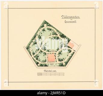 Barth Erwin (1880-1933), Villengarten in Berlin-Grunewald (ca. 1901): Villengarten im Grundriß 1: 600, Maßstabsbalken. Tusche Aquarell auf der Schachtel, 33,8 x 38,5 cm (inklusive Scankanten) Barth Erwin (1880-1933): Villengarten, Berlin-Grunewald Stockfoto