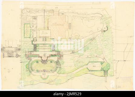 Barth Erwin (1880-1933), Villengarten am Griebnitzsee in Potsdam (1902): Vorentwurf im Grundrissplan mit Geländeprofil, 1 skizzenhafte Detailansicht 1: 200. Tusche, Bleistift und Farbstift auf Transparent, 34,3 x 51 cm (inklusive Scankanten) Barth Erwin (1880-1933): Villengarten am Griebnitzsee, Potsdam-Babelsberg Stockfoto