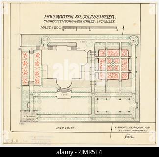 Barth Erwin (1880-1933), Hausgarten Dr. Juliusburger in Berlin-Charlottenburg (11,1921): Garten im Grundriß 1: 200, Maßstab bar. Tinte, Bleistift, Tinte auf Transparent, 27,1 x 29,3 cm (inklusive Scankanten) Barth Erwin (1880-1933): HAUSGARTEN Dr. Juliusburger, Berlin-Charlottenburg Stockfoto