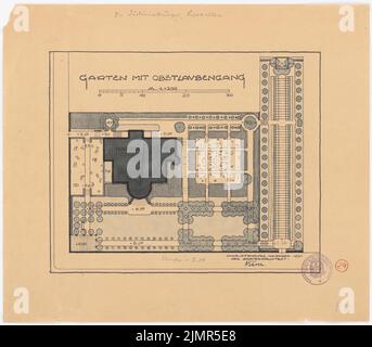 Barth Erwin (1880-1933), Hausgarten Dr. Juliusburger in Berlin-Charlottenburg (11,1921): Garten mit Obstgarten im Grundriß 1: 200, Maßstab bar. Bleistift Aquarell, über einem Bruch auf Papier, 37,4 x 42,7 cm (inklusive Scankanten) Barth Erwin (1880-1933): HAUSGARTEN Dr. Juliusburger, Berlin-Charlottenburg Stockfoto