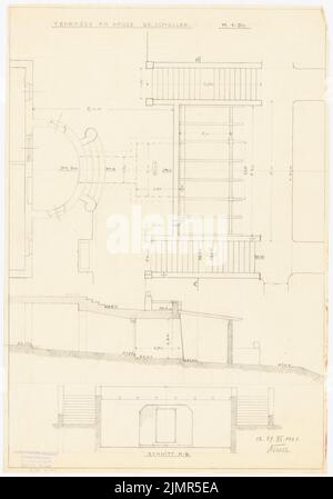 Barth Erwin (1880-1933), Garten Dr. Schmoller (29. Dezember 1921): Terrasse: Detailplan mit Grundriß, Schnitt und Ansicht 1:50. Bleistift auf transparent, 53,9 x 37,7 cm (inklusive Scankanten) Barth Erwin (1880-1933): Garten Dr. Schmoller Stockfoto