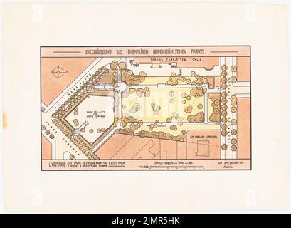 Barth Erwin (1880-1933), Parkanlage am Oppenheimscher in Berlin-Charlottenburg (03,1914): Anlagenplan im Grundriß 1: 500, Maßstabsbalken, Bezeichnung der Einzelteile, Legende. Tusche Aquarell, über einem Bruch auf Karton, 48,3 x 65,8 cm (inklusive Scankanten) Barth Erwin (1880-1933): Schustehruspark/Oppenheimscher Park, Berlin-Charlottenburg Stockfoto