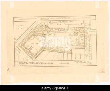 Barth Erwin (1880-1933), Parkanlage am Oppenheimscher in Berlin-Charlottenburg (07,1914): Lageplan in der Grundrissüberarbeitungszeichnung 1: 500, Maßstabsbalken, Bezeichnung der Einzelteile, Legende. Leichter Bruch auf Papier, 49 x 62,9 cm (inklusive Scankanten) Barth Erwin (1880-1933): Schustehruspark/Oppenheimscher Park, Berlin-Charlottenburg Stockfoto