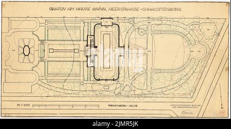 Barth Erwin (1880-1933), Garten bei Brinn in Berlin-Charlottenburg (08,1921): Grundriß des Gartens mit umliegenden Straßen sowie Höhenlinien und Informationen 1: 250, Maßstab bar. Tinte, Bleistift, Tusche auf Transparent, 35,8 x 69,3 cm (inklusive Scankanten) Barth Erwin (1880-1933): Garten am Hause Brinn, Berlin-Charlottenburg Stockfoto