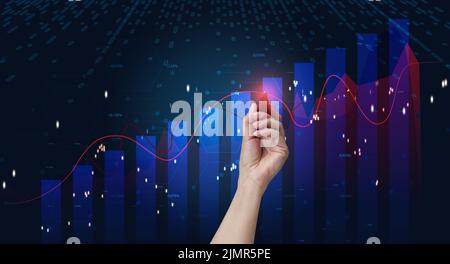 Holographisches Diagramm mit steigenden Zinsen und Indikatoren. Geschäftswachstumskonzept, hohe Profitabilität, erfolgreiche Gründung. Das Wachstum Stockfoto
