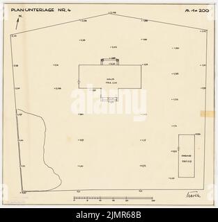 Barth Erwin (1880-1933), Garten Massolle in Groß-Glienicke bei Berlin (1930-1930): Bestandsplan des Geländes mit Höhenangaben im Höhenraster und mit Vegetation und Gebäude abgerissen 1:200, Maßstabsbalken. Tusche auf Transparent, 40 x 41,8 cm (inklusive Scankanten) Barth Erwin (1880-1933): Garten am Landhaus Massolle, Berlin-Kladow Stockfoto