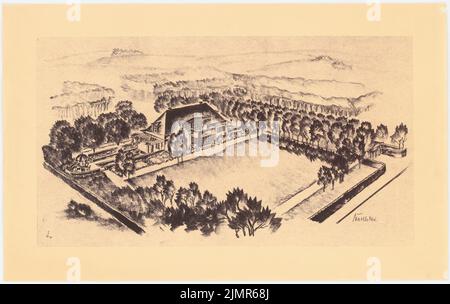 Barth Erwin (1880-1933), Garten Massolle in Groß-Glienicke bei Berlin (02,1931): Pause von Inv.-Nr. 41230: Perspektivischer Blick (Vogelschau) vom Garten mit Wohnhaus. Leichter Bruch auf Papier, 44,7 x 70,9 cm (inklusive Scankanten) Barth Erwin (1880-1933): Garten am Landhaus Massolle, Berlin-Kladow Stockfoto