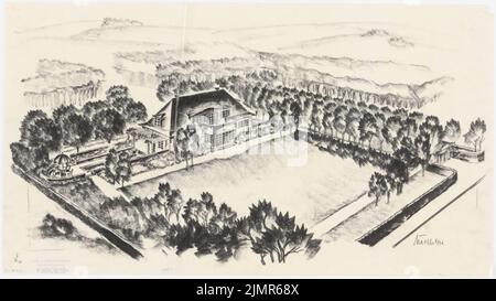 Barth Erwin (1880-1933), Garten Massolle in Groß-Glienicke bei Berlin (02,1931): Perspektivische Ansicht (Vogelschau) aus dem Garten mit Wohnhaus. Kohle und Bleistift auf transparent, 33,7 x 60,1 cm (inklusive Scankanten) Barth Erwin (1880-1933): Garten am Landhaus Massolle, Berlin-Kladow Stockfoto