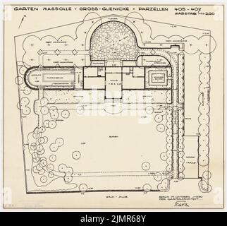 Barth Erwin (1880-1933), Garten Massolle in Groß-Glienicke bei Berlin (10,1930): Plan des Gartens (überarbeitete Fassung) im Grundriß mit Grundriß des Hauses 1: 200. Tusche auf Transparent, 40,5 x 43,5 cm (inklusive Scankanten) Barth Erwin (1880-1933): Garten am Landhaus Massolle, Berlin-Kladow Stockfoto