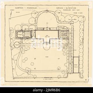 Barth Erwin (1880-1933), Garten Massolle in Groß-Glienicke bei Berlin (24. Oktober 1930): Plan des Gartens im Grundriss mit Gebäude abgerissen 1: 200, Korrekturen. Buntstift, Bleistift und Tinte auf Transparent, 43,9 x 46,6 cm (inklusive Scankanten) Barth Erwin (1880-1933): Garten am Landhaus Massolle, Berlin-Kladow Stockfoto