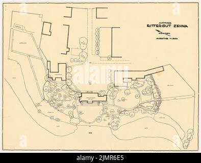 Barth Erwin (1880-1933), Rittergut Zei bei Güstrow (1930): Baumplan des Gutes im Grundriss mit Gebäude abgerissen 1: 500. Bleistift und Tinte auf transparent, 53,9 x 70,7 cm (inklusive Scankanten) Barth Erwin (1880-1933): Rittergut Zehna bei Güstrow Stockfoto