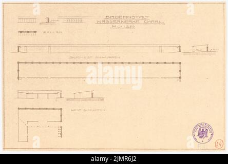Barth Erwin (1880-1933), Badehaus in Berlin-Charlottenburg (1926): Zellwechsel in 2 Ansichten, Schnitt- und Grundrisse, Südost- und Westschuppen im Grundriß und 2 Schnitte 1: 250, Stempel. Leichter Bruch auf Papier, 26,5 x 39,2 cm (inklusive Scankanten) Barth Erwin (1880-1933): Badeanstalt, Berlin-Charlottenburg Stockfoto