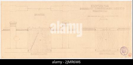 Barth Erwin (1880-1933), Badehaus in Berlin-Charlottenburg (02,1926): Eingangstor des Badehauses im Grundriß, Außen- und Innenansicht 1:20, Stempel. Tusche farbig, über einem Bruch auf Papier, 25,3 x 56,4 cm (inklusive Scankanten) Barth Erwin (1880-1933): Badeanstalt, Berlin-Charlottenburg Stockfoto