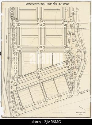 Barth Erwin (1880-1933), Erweiterung der Friedhöfe in Stolp (05,1930): Grundriß des nordwestlichen Teils des geplanten Friedhofsausbaus mit Höhenlinien und Planung 1: 250, Maßstabsbalken. Tinte auf Transparent, 112,3 x 86,7 cm (inklusive Scankanten) Barth Erwin (1880-1933): Erweiterung der Friedhöfe, Stolp Stockfoto