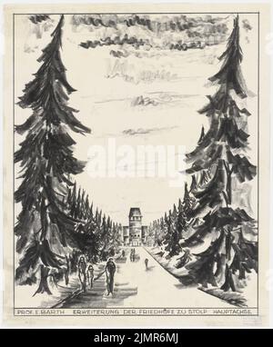 Barth Erwin (1880-1933), Erweiterung der Friedhofs in Stolp (1930-1930): Perspektivansicht mit Blick auf die Hauptachse der Kapelle. Bleistift auf transparent, 60,4 x 50 cm (inklusive Scankanten) Barth Erwin (1880-1933): Erweiterung der Friedhöfe, Stolp Stockfoto