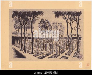 Barth Erwin (1880-1933), Erweiterung der Friedhofs in Stolp (1930): Break Break from Inv.-Nr. 41175: Perspektivische Ansicht mit Blick auf ein Reihengrabfeld; Gummistempel. Leichter Bruch auf Karton, 44 x 57,8 cm (inklusive Scankanten) Barth Erwin (1880-1933): Erweiterung der Friedhöfe, Stolp Stockfoto