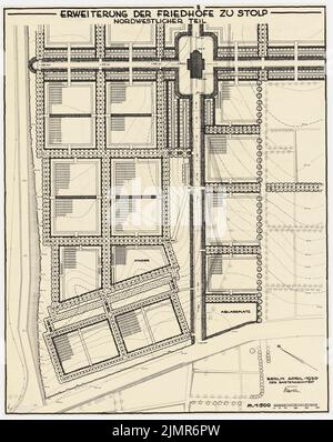Barth Erwin (1880-1933), Erweiterung der Friedhöfe in Stolp (04,1930): Grundriß des nordwestlichen Teils der geplanten Erweiterung des Friedhofs mit Höhenlinien 1: 500, Maßstabsbalken. Tinte auf Transparent, 78,2 x 62 cm (inklusive Scankanten) Barth Erwin (1880-1933): Erweiterung der Friedhöfe, Stolp Stockfoto