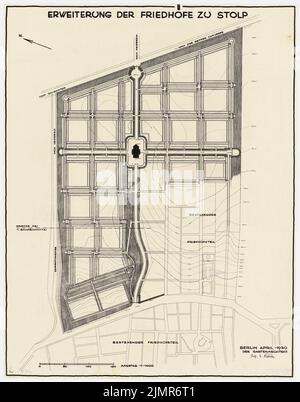 Barth Erwin (1880-1933), Erweiterung der Friedhöfe in Stolp (04,1930): Grundriß der geplanten Erweiterung des Friedhofs mit Höhenlinien und Eintritt in die Bauzeit 1:1000. Tinte auf Transparent, 77 x 60,5 cm (inklusive Scankanten) Barth Erwin (1880-1933): Erweiterung der Friedhöfe, Stolp Stockfoto