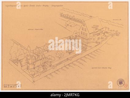 Barth Erwin (1880-1933), Garten Barth in Berlin-Steglitz (1933): Perspektivische Ansicht (Vogelschau) mit Blick auf den Garten mit Haus, Stempel. Leichter Bruch auf Papier, 41,8 x 59,3 cm (inklusive Scankanten) Barth Erwin (1880-1933): Garten Barth, Berlin-Steglitz Stockfoto