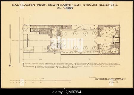 Barth Erwin (1880-1933), Garten Barth in Berlin-Steglitz (24. Dezember 1932): Garten im Grundriß mit Bezeichnung der Einzelteile und Legende 1: 200, Maßstabsbalken. Leichter Bruch auf Papier, 29,9 x 44,9 cm (inklusive Scankanten) Barth Erwin (1880-1933): Garten Barth, Berlin-Steglitz Stockfoto