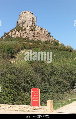 Felsen von Solutre mit Weinbergen, Burgund, Frankreich Stockfoto