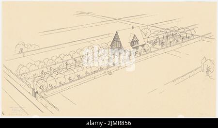 Barth Erwin (1880-1933), Garten Bergmann in Schneverdingen (1932): Perspektivische Ansicht (Vogelschau) des Gartens mit einem Wohngebäude. Tinte auf Transparent, 37 x 68,2 cm (inklusive Scankanten) Barth Erwin (1880-1933): Garten Bergmann, Schneverdingen Stockfoto