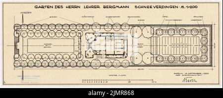 Barth Erwin (1880-1933), Garten Bergmann in Schneverdingen (09,1932): Basisrisiken des geplanten Gartens mit dem EG-Grundriß des Hauses sowie Baum- und Strauchbezeichnungen 1: 200, Massstab. Tinte auf Transparent, 18,8 x 47,5 cm (inklusive Scankanten) Barth Erwin (1880-1933): Garten Bergmann, Schneverdingen Stockfoto