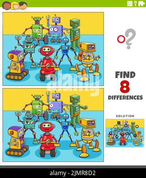 Unterschiede pädagogisches Spiel mit Cartoon-Roboter-Gruppe Stockfoto