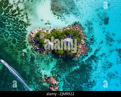 Anse Volbert, Praslin Island auf den Seychellen Luftaufnahme am strand von anse volvert cota d'Or auf der Insel Praslin auf den Seychellen Stockfoto