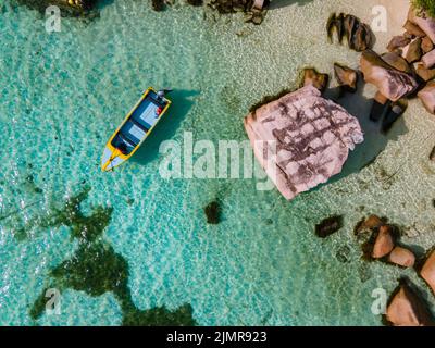 Anse Volbert, Praslin Island auf den Seychellen Luftaufnahme am strand von anse volvert cota d'Or auf der Insel Praslin auf den Seychellen Stockfoto