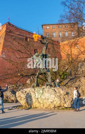 Krakau, Polen - 14. März 2022: Statue des Drachen vom Wawel-Hügel - Smok Wawelski. Reisen Stockfoto