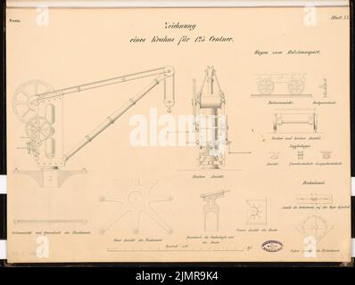 Büttner Carl, Werft für Handelsschiffe an einer Flußmündung ohne Gezeiten. Schinkel Wettbewerb 1864 (1864): Kran, Transportwagen: Grundriß, Ansichten, Schnitte, Details 1:20; Maßstabsbalken. Tinte auf Karton, 49,3 x 65,3 cm (inklusive Scankanten) Büttner Carl : Werft für Handelsschiffe an einer Flussmündung ohne Gezeiten. Schinkelwettbewerb 1864 Stockfoto