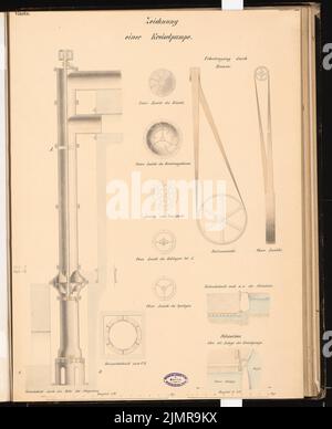 Büttner Carl, Werft für Handelsschiffe an einer Flußmündung ohne Gezeiten. Schinkel-Wettbewerb 1864 (1864): Kreispumpe: Lageplan (Grundriß und Schnitt) 1: 2500; Details 1:20; Maßstabsbalken. Tusche Aquarell auf der Schachtel, 66 x 53,8 cm (inklusive Scankanten) Büttner Carl : Werft für Handelsschiffe an einer Flussmündung ohne Gezeiten. Schinkelwettbewerb 1864 Stockfoto