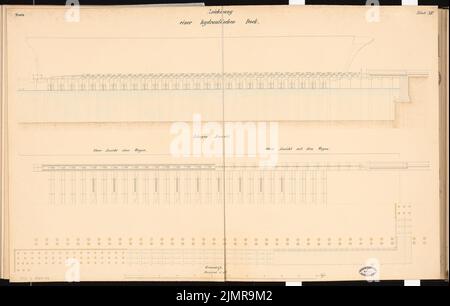 Büttner Carl, Werft für Handelsschiffe an einer Flußmündung ohne Gezeiten. Schinkel-Wettbewerb 1864 (1864): Hydraulisches Dock: Grundriss auf 5 Ebenen, Seitenriss 1:80; Maßstabsbalken. Tusche Aquarell auf der Schachtel, 64,1 x 100,7 cm (inklusive Scankanten) Büttner Carl : Werft für Handelsschiffe an einer Flussmündung ohne Gezeiten. Schinkelwettbewerb 1864 Stockfoto