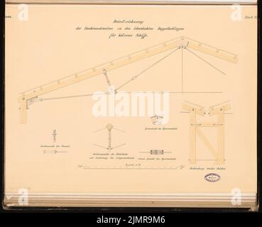 Büttner Carl, Werft für Handelsschiffe an einer Flußmündung ohne Gezeiten. Schinkel-Wettbewerb 1864 (1864): Überdachte Höllenfahrt für Holzschiffe: Details zum Dach 1:20; Maßstabsbalken. Tusche Aquarell auf der Schachtel, 53,4 x 65,7 cm (inklusive Scankanten) Büttner Carl : Werft für Handelsschiffe an einer Flussmündung ohne Gezeiten. Schinkelwettbewerb 1864 Stockfoto