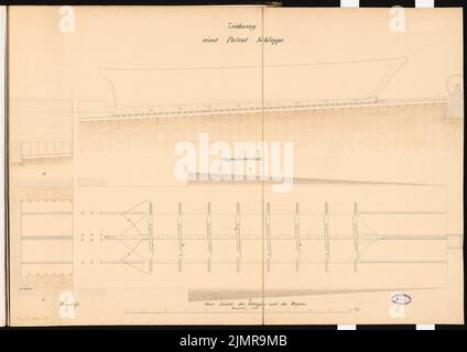 Büttner Carl, Werft für Handelsschiffe an einer Flußmündung ohne Gezeiten. Schinkel-Wettbewerb 1864 (1864): Rückblatt mit Auto: Grundriß auf 3 Ebenen; Längsschnitt 1:80; Maßstabsbalken. Tusche Aquarell auf der Schachtel, 63,4 x 89,5 cm (inklusive Scankanten) Büttner Carl : Werft für Handelsschiffe an einer Flussmündung ohne Gezeiten. Schinkelwettbewerb 1864 Stockfoto