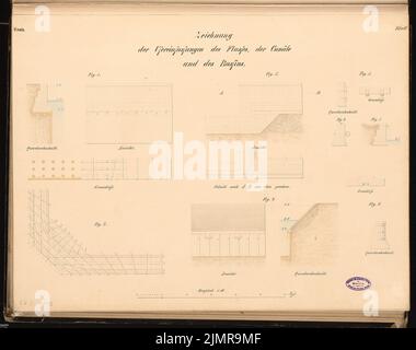 Büttner Carl, Werft für Handelsschiffe an einer Flußmündung ohne Gezeiten. Schinkel-Wettbewerb 1864 (1864): bankeintragungen in Grundrissen, Folter, Kürzungen 1:80; Maßstabsbalken. Tusche Aquarell auf der Schachtel, 52,3 x 66,3 cm (inklusive Scankanten) Büttner Carl : Werft für Handelsschiffe an einer Flussmündung ohne Gezeiten. Schinkelwettbewerb 1864 Stockfoto