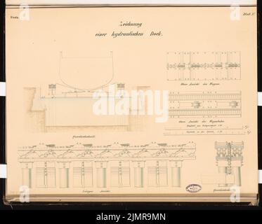 Büttner Carl, Werft für Handelsschiffe an einer Flußmündung ohne Gezeiten. Schinkel Competition 1864 (1864): Hydraulischer Dock: Querschnitt 1:80; Details für Auto 1:20; Streifen im Maßstab 2. Tusche Aquarell auf der Schachtel, 53 x 65,9 cm (inklusive Scankanten) Büttner Carl : Werft für Handelsschiffe an einer Flussmündung ohne Gezeiten. Schinkelwettbewerb 1864 Stockfoto